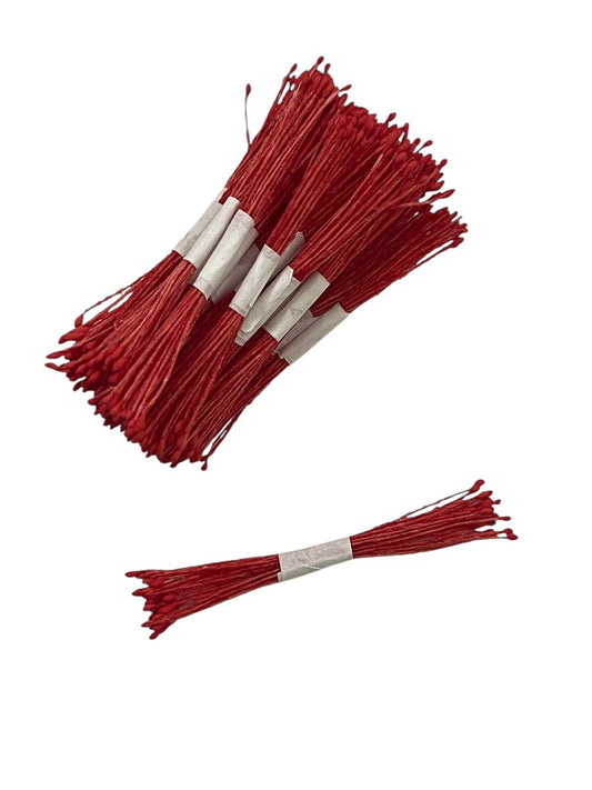 Floral Essentials Stamens/Pollens Pack Of 10Pcs Red  With Red Thread